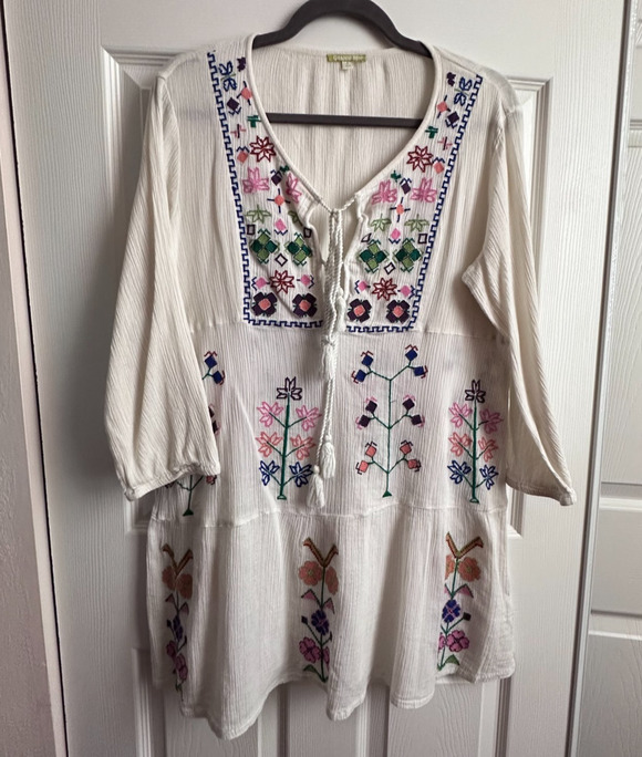 Gianni Bini Tops - Gianni Bini Womens Large White Gauzy Embroidered Boho Tassle Tie Coverup Tunic